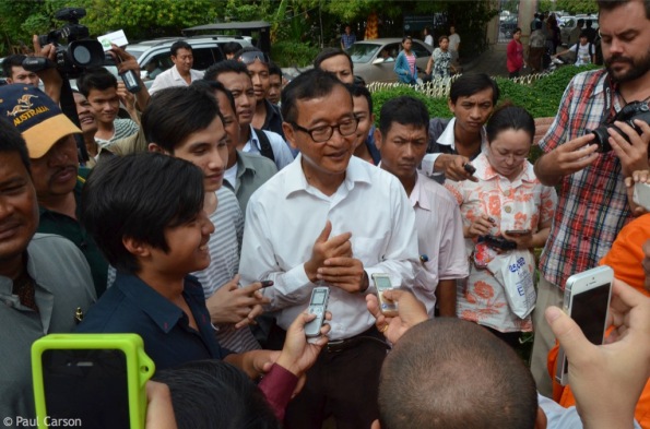 Opposition leader Sam Rainsy at a polling station in Phnom Penh.